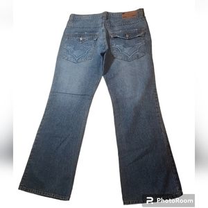 Micros Y2k Baggy Jeans Bootcut Blue Denim Men 34 Relaxed Grunge Flap Pockets Euc